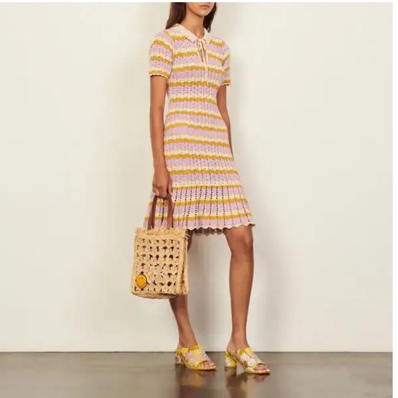 Sandro Dresses & Skirts - SANDRO Multicoloured Crochet Wavy Lined Collared Keyhole Ruffle Polo Dress US 8